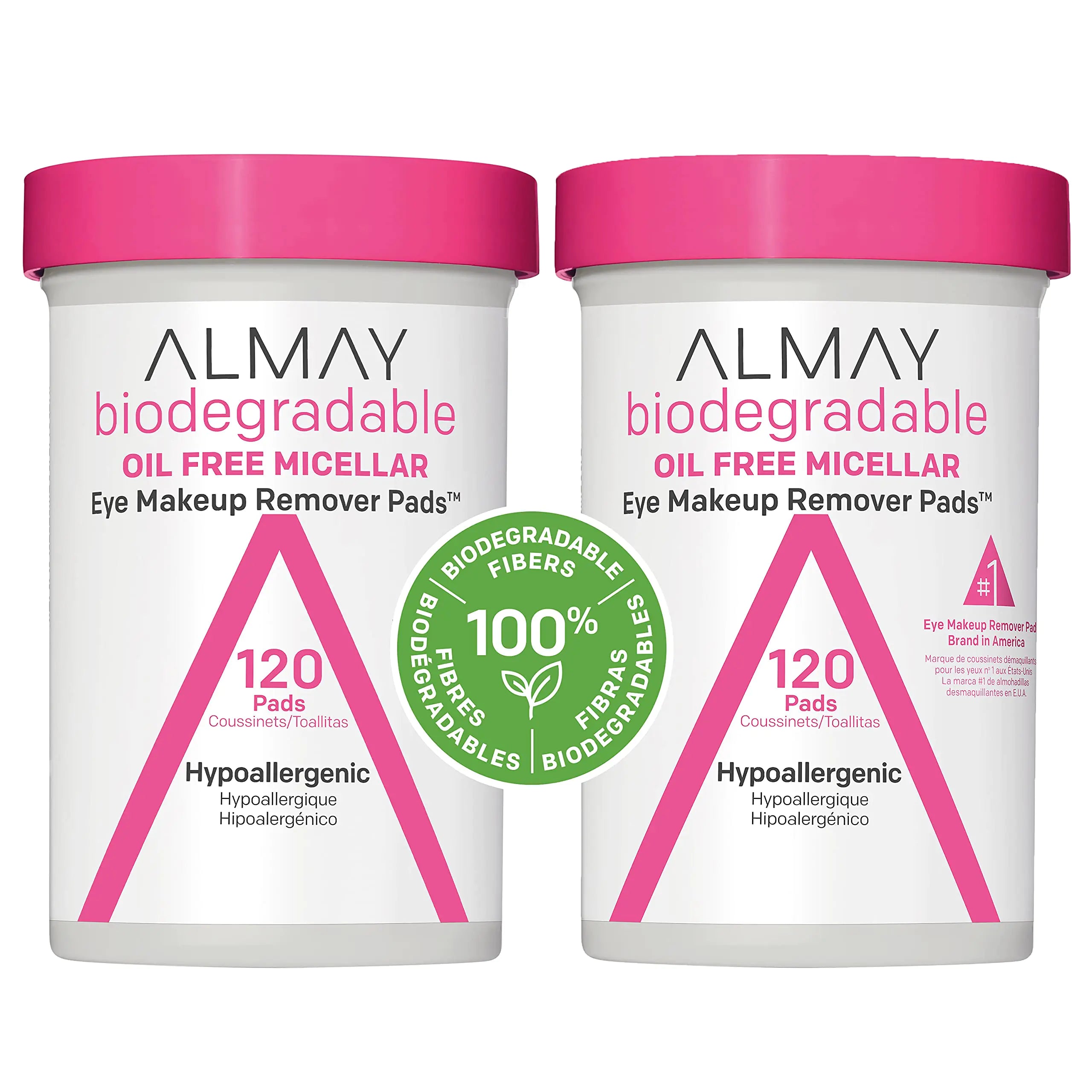 Almay Biodegradable Micellar Eye Makeup Remover Pads - 120 Count (Pack of 2) - Hypoallergenic & Fragrance-Free