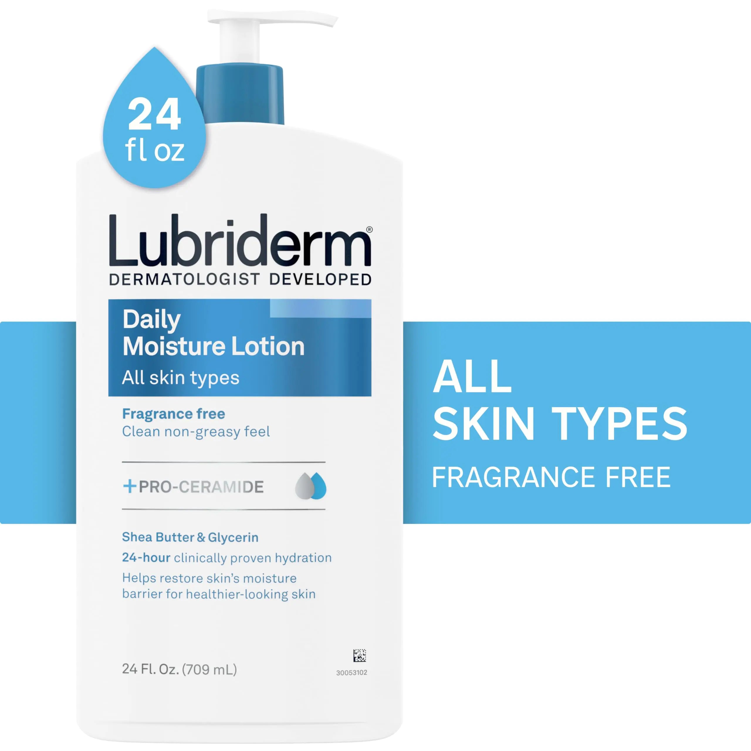 Lubriderm Fragrance Free Daily Moisture Lotion + Pro-Ceramide, Shea Butter & Glycerin, Face, Hand & Body Lotion for Sensitive Skin