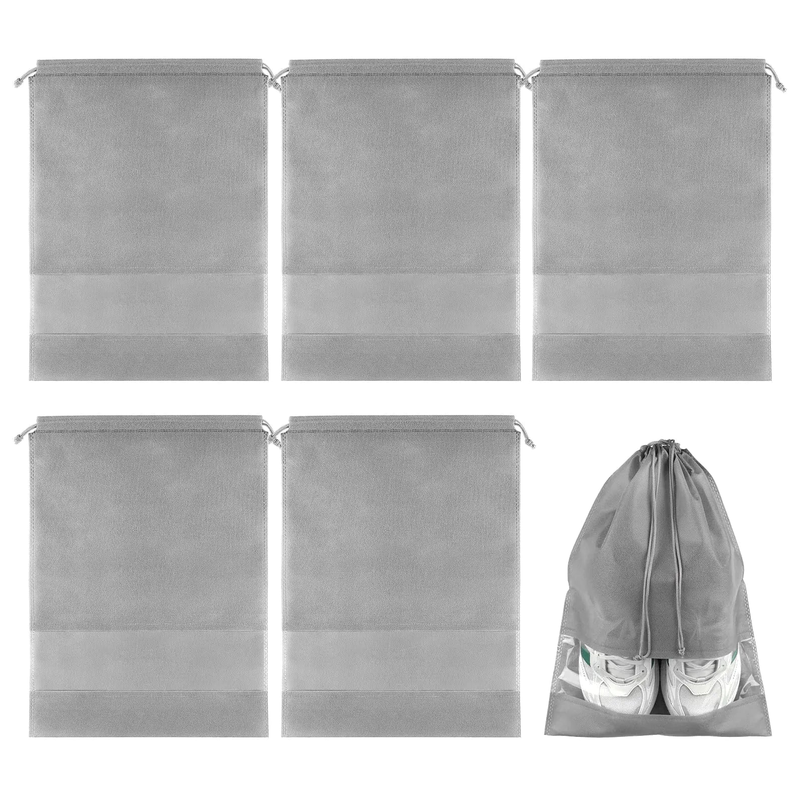 Shoe Bags for Travel, 5 Pcs Large Gray Travel Shoe Bags for Packing, Non-Woven Drawstring Travel Shoe Storage Bag with Clear Window for Men and Women（12.6