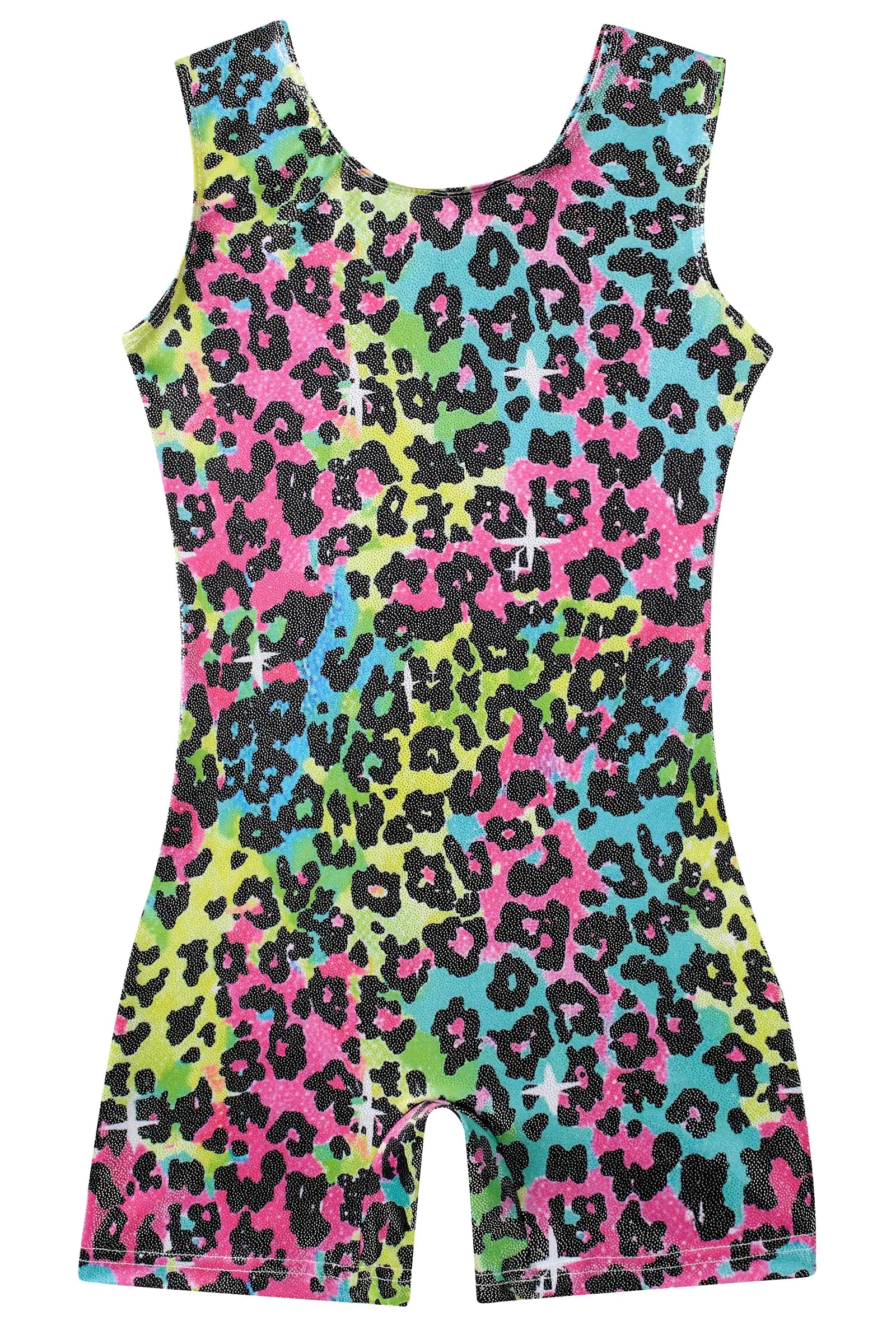 uideazone Maillot de gimnasia para niñas Biketards Maillot de ballet con tirantes brillantes y pantalones cortos Conjuntos de una pieza de secado rápido 2-9 años Leopardo colorido 55 7-8 años 