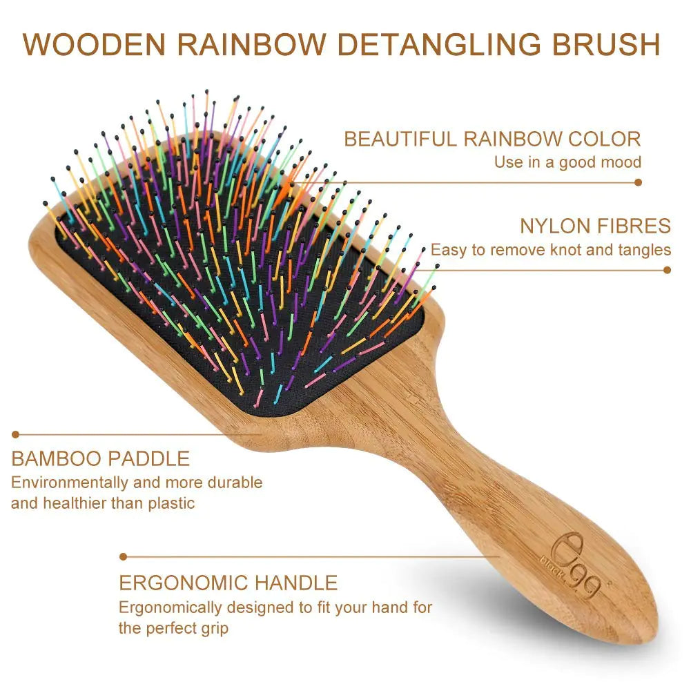 BLACK EGG Paddle Detangling Hair Brush for Women Girls, Rainbow Nylon Brush for Thick Thin Curly Hair, Includes Wooden Detangler Comb and 3 Hair Ties - Vivareflex Online