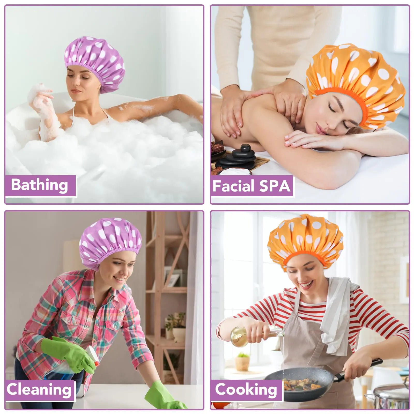 Lot de 2 grands bonnets de douche pour femmes, bonnets de bain imperméables réutilisables avec chouchous pour cheveux longs et épais (violet/orange) violet, orange