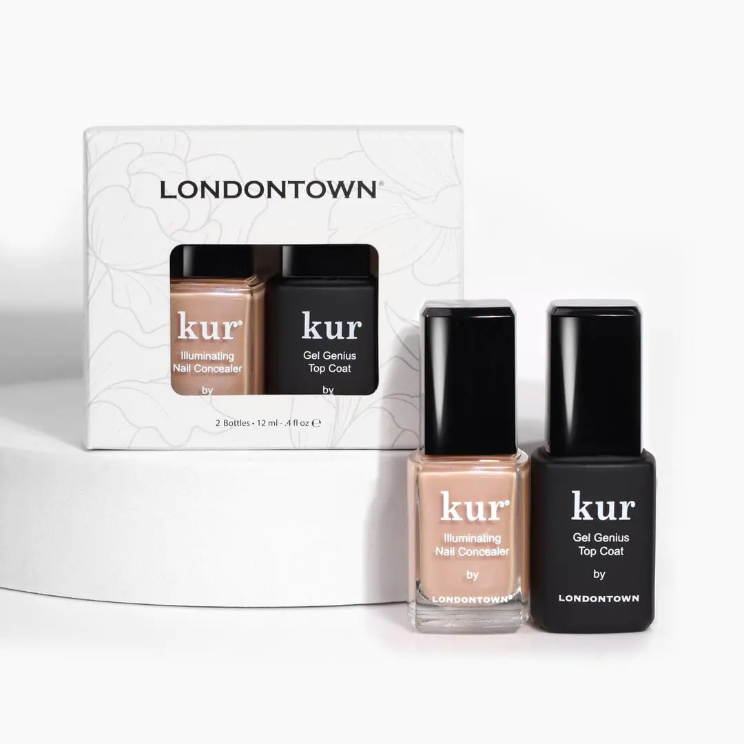 LONDONTOWN kur Nail Conceal & Go Duo Set, incluye corrector iluminador de uñas y capa superior Gel Genius, juego de 2 piezas, 0.4 fl oz Go Bare + Top Coat 