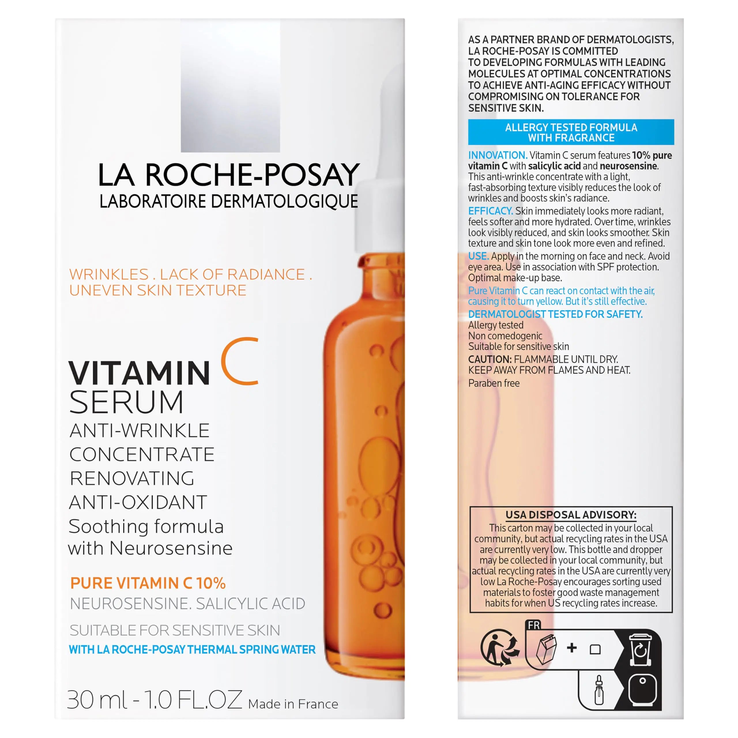 Sérum visage à la vitamine C pure de La Roche-Posay avec acide hyaluronique et acide salicylique, sérum visage anti-âge pour les rides et la texture irrégulière de la peau pour éclaircir et lisser visiblement. Convient aux peaux sensibles