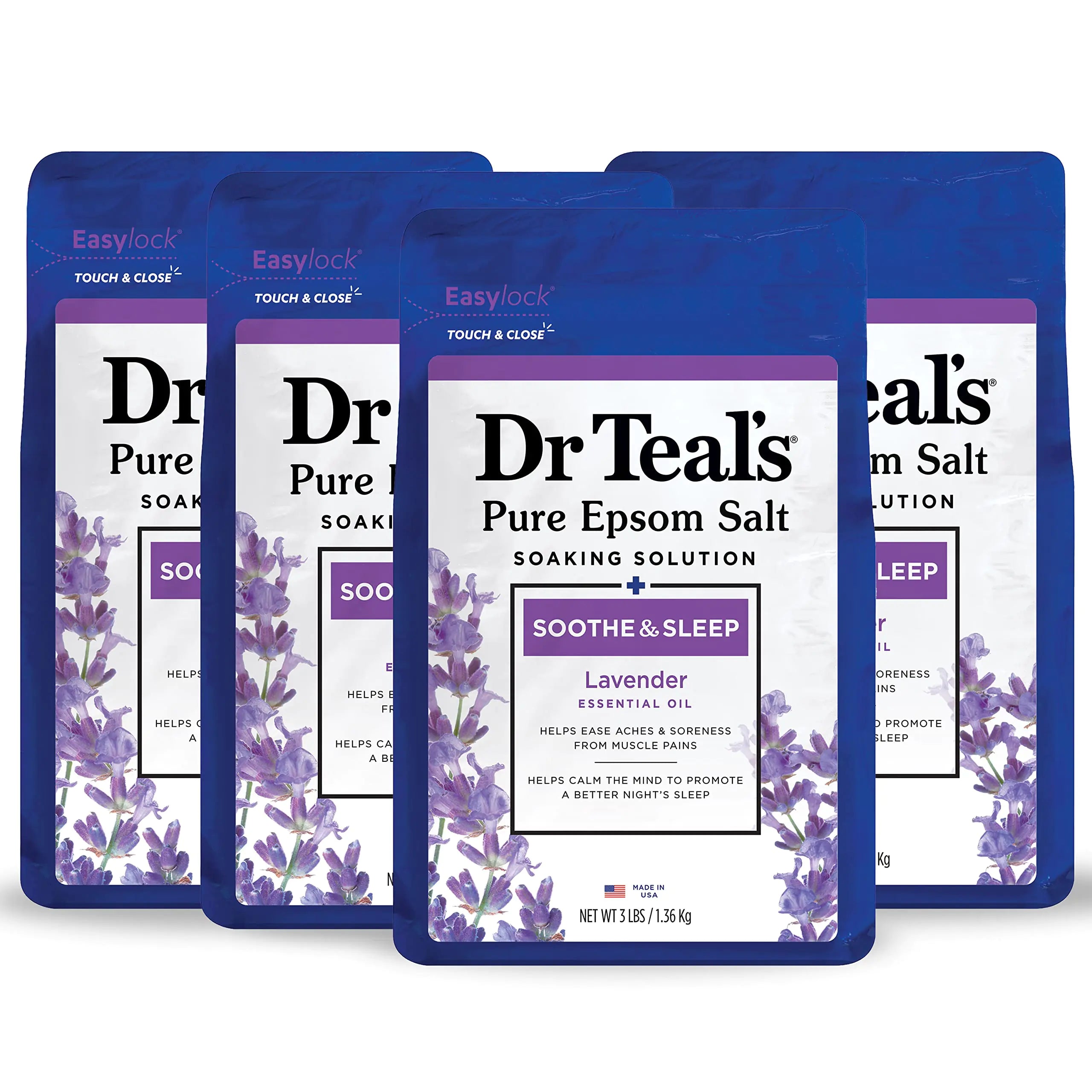 Sal de Epsom pura del Dr. Teal, calmante y relajante con lavanda, 3 lb (paquete de 4) (el empaque puede variar) 