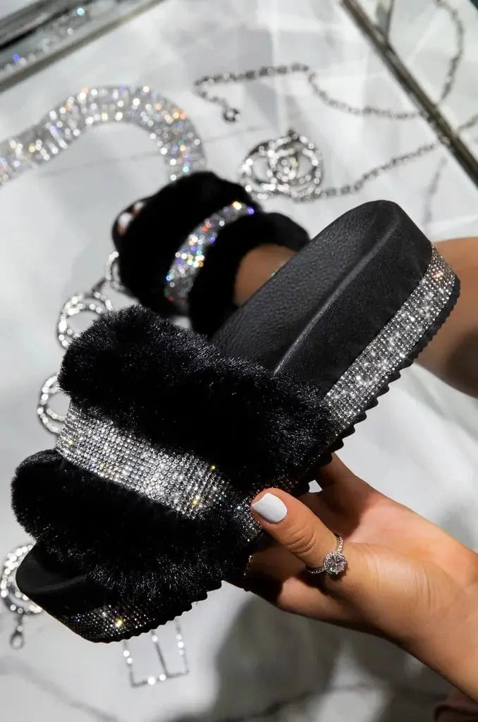 Luxury Designer Women Fur Rhinestone Slippers Vivareflex Online