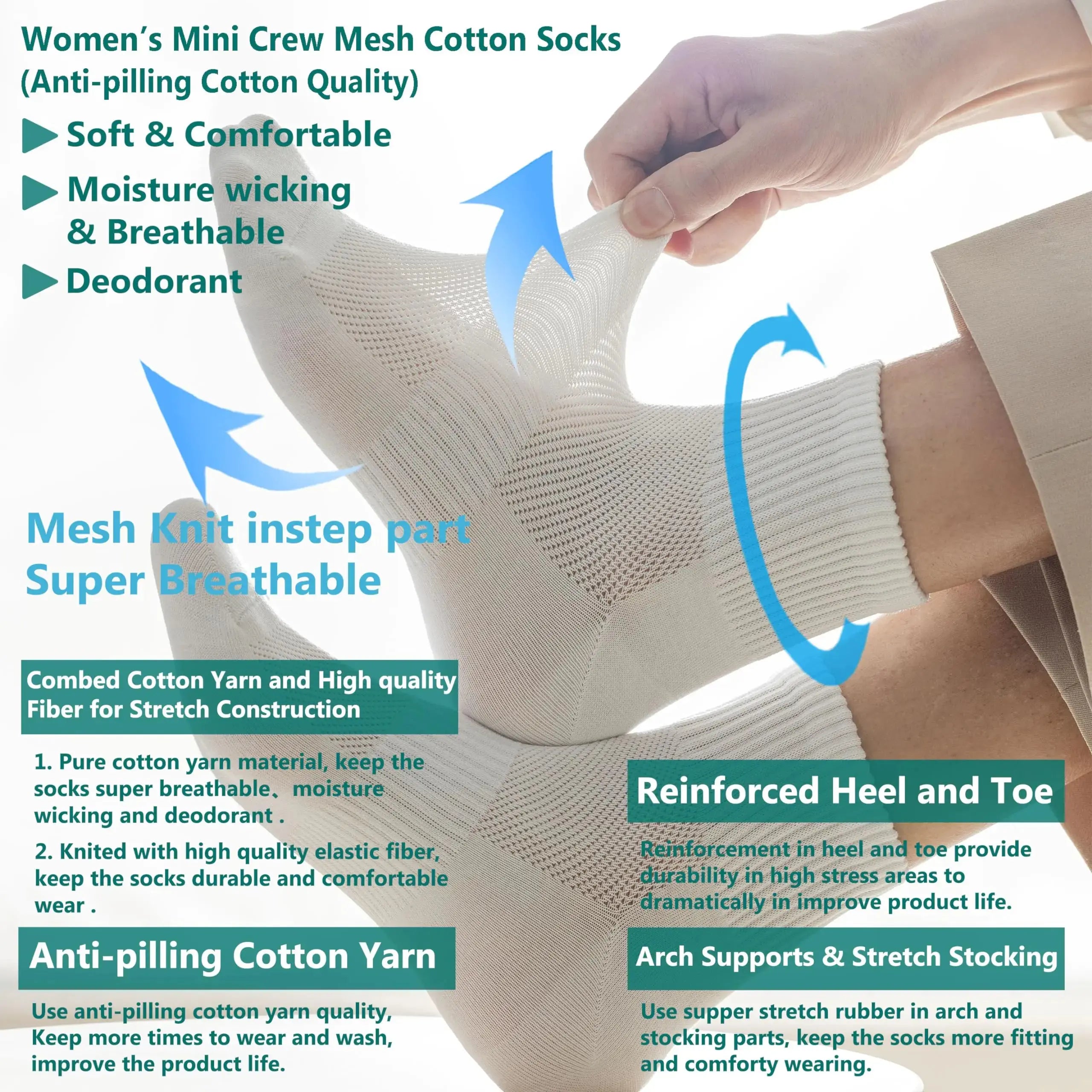 MAGIARTE Womens Mini Crew Ankle Socks Athletic Casual Cotton Socks for Women 5-10 Mesh Instep #C05 (6 Pairs) - Vivareflex Online
