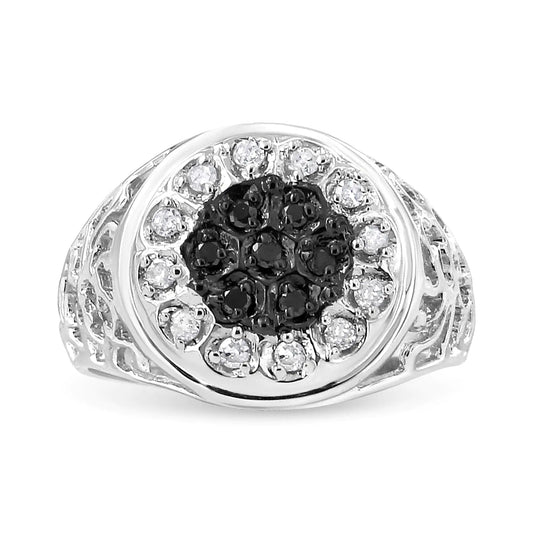 .925 Sterling Silver 1/4 Cttw White and Black Treated Diamond Halo Cluster Ring for Men (I-J Color, I3 Clarity) Vivareflex Online