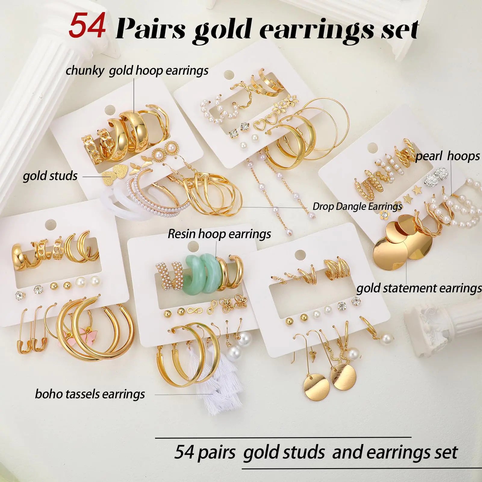 42 Pairs Gold Hoop Earrings Set for Women, Fashion Chunky Pearl Earrings Multipack Twisted Statement Earring Pack, Hypoallergenic Small Big Hoops