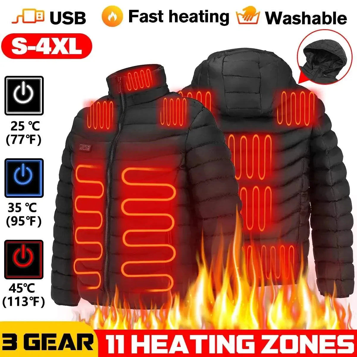 Men Winter Warm USB Heating Jackets Smart Thermostat Pure Color Hooded Heated Clothing Waterproof  Warm Jackets Vivareflex Online