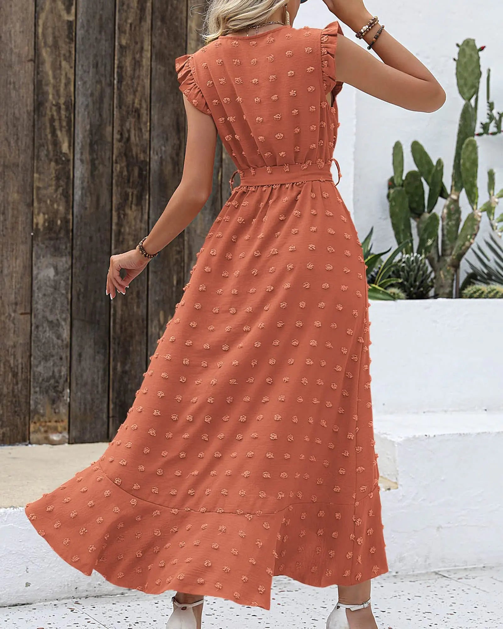 BTFBM Vestido largo de verano 2024 con escote en V para mujer, manga corta, lunares suizos, bohemio, con volantes y abertura para playa, cóctel, fiesta, holgado, con lunares suizos, naranja y rojo 