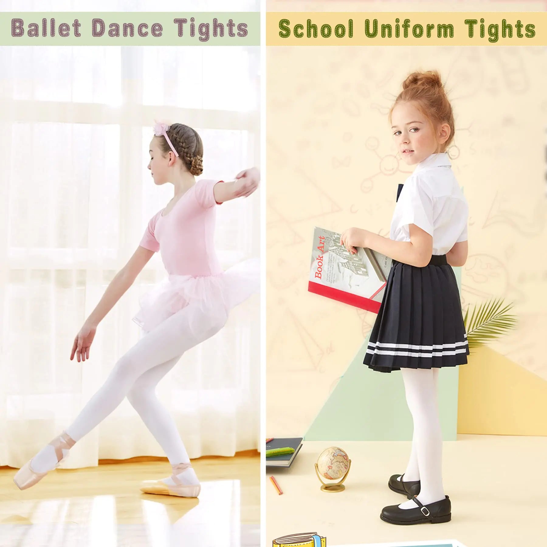 Medias de ballet para niñas, medias de baile ultra suaves, medias elásticas con pies para niñas pequeñas, medias cálidas de 1 a 3 años, 02, blanco, paquete de 2 