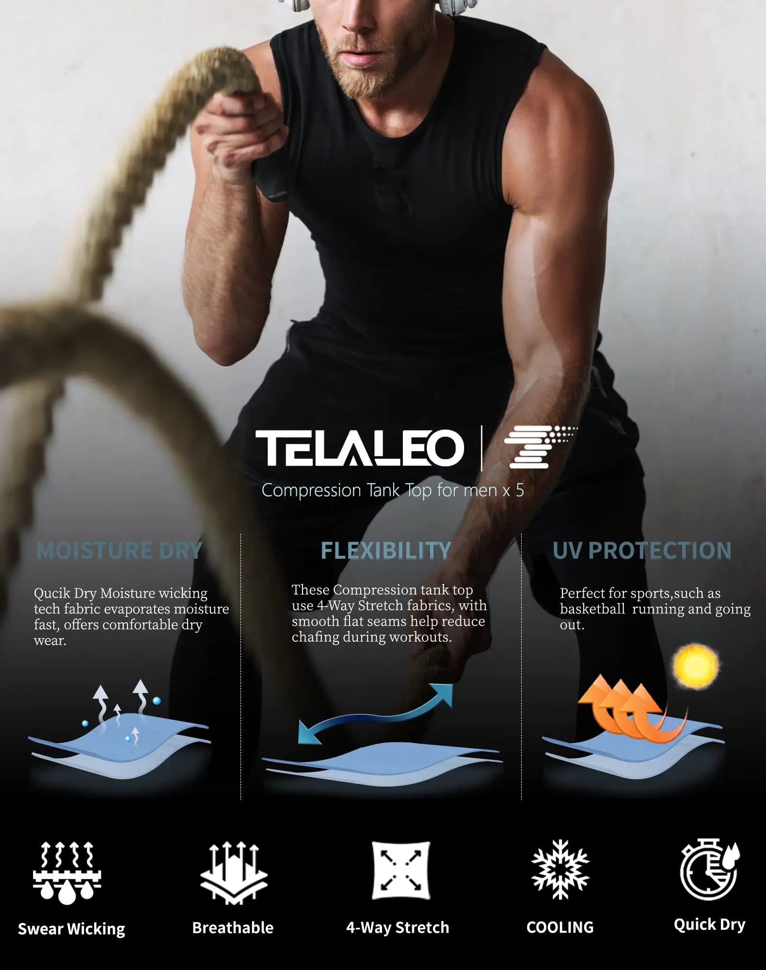 TELALEO - Paquete de 5 camisetas de compresión deportivas para hombre, sin mangas, para entrenamiento, capa base deportiva, para correr, baloncesto, color negro y blanco (paquete de cinco), tamaño mediano 