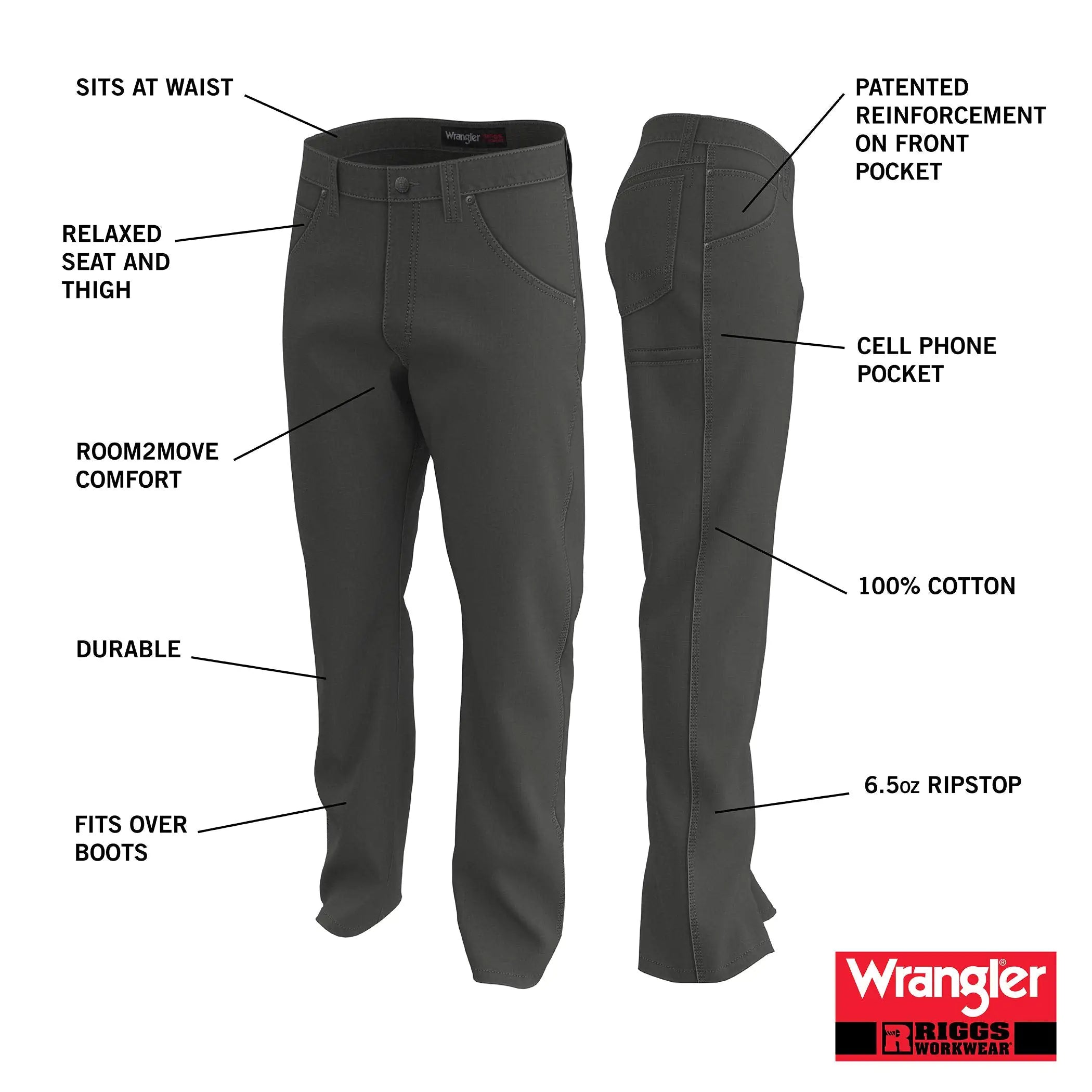 Wrangler Mens Riggs Workwear Technician Work Utility Pants 38W x 36L Dark Khaki