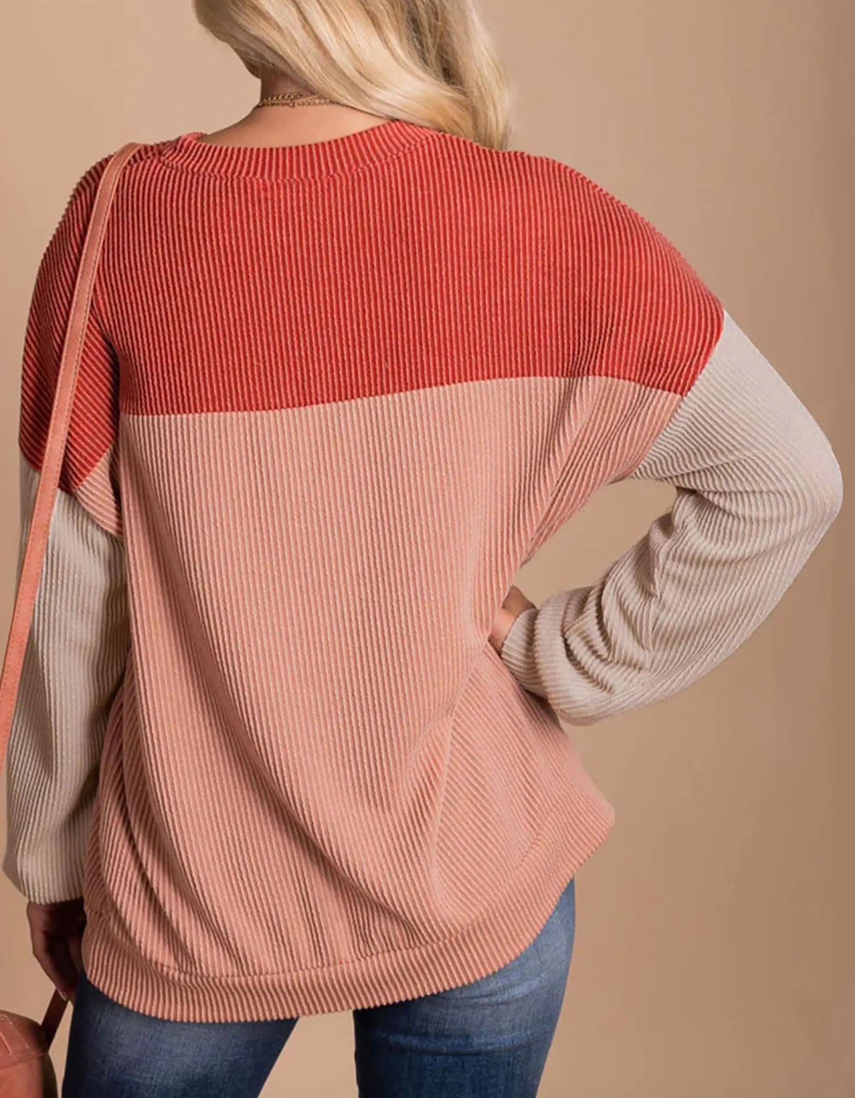 Womens Color Block Long Sleeve Crewneck Knitted Casual Loose Pullover Shirts Tops Large Red - Vivareflex Online