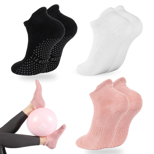 Chaussettes de yoga et pilates antidérapantes avec poignées pour femme en coton noir/blanc/rose