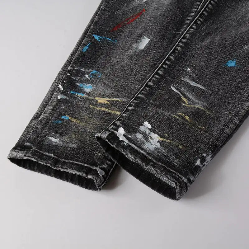 Men Speckle Ink Printed Vintage Pleated Ripped Jeans Vivareflex Online