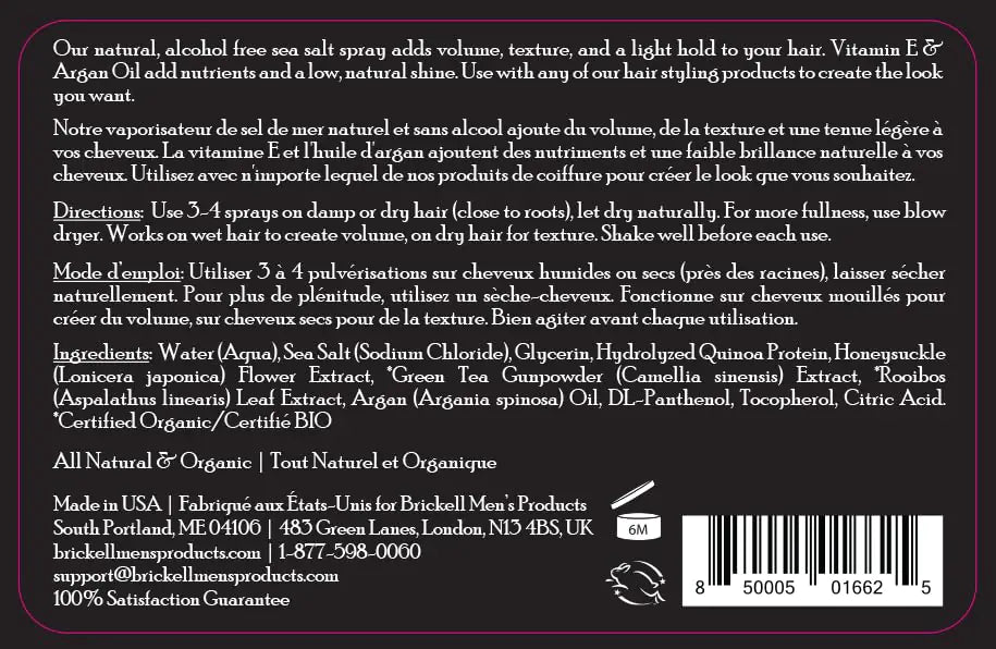 Spray texturizante de sal marina para hombres de Brickell, natural y orgánico, sin alcohol, levanta y texturiza el cabello para un estilo playero o de surfista, 2 onzas (paquete de 1) 