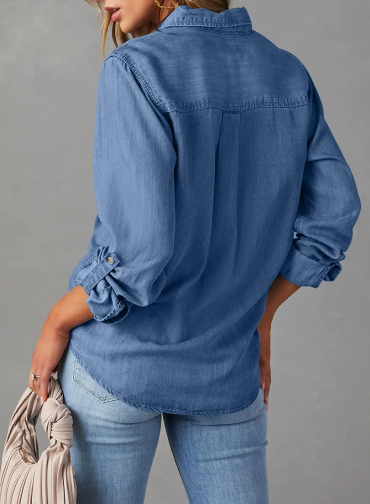 Astylish Women 2024 Button Down Denim Shirts Casual Long Sleeve V Neck Chambray Blouse Top Large Sky Blue - Vivareflex Online