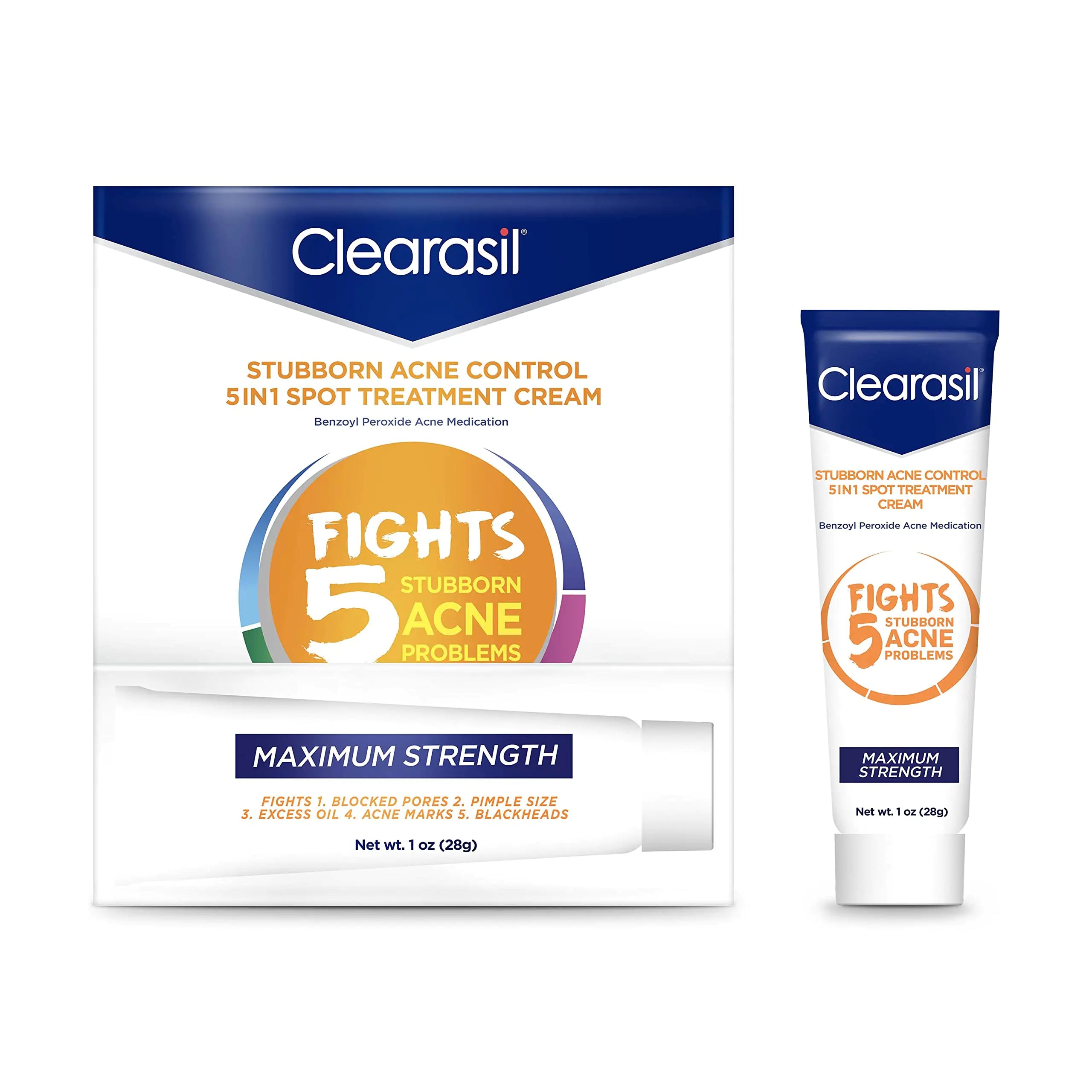 Crème de traitement localisée 5 en 1 Clearasil Stubborn Acne Control, force maximale avec 10 % de peroxyde de benzoyle, médicament contre l'acné, 1 oz 1 once (paquet de 1)