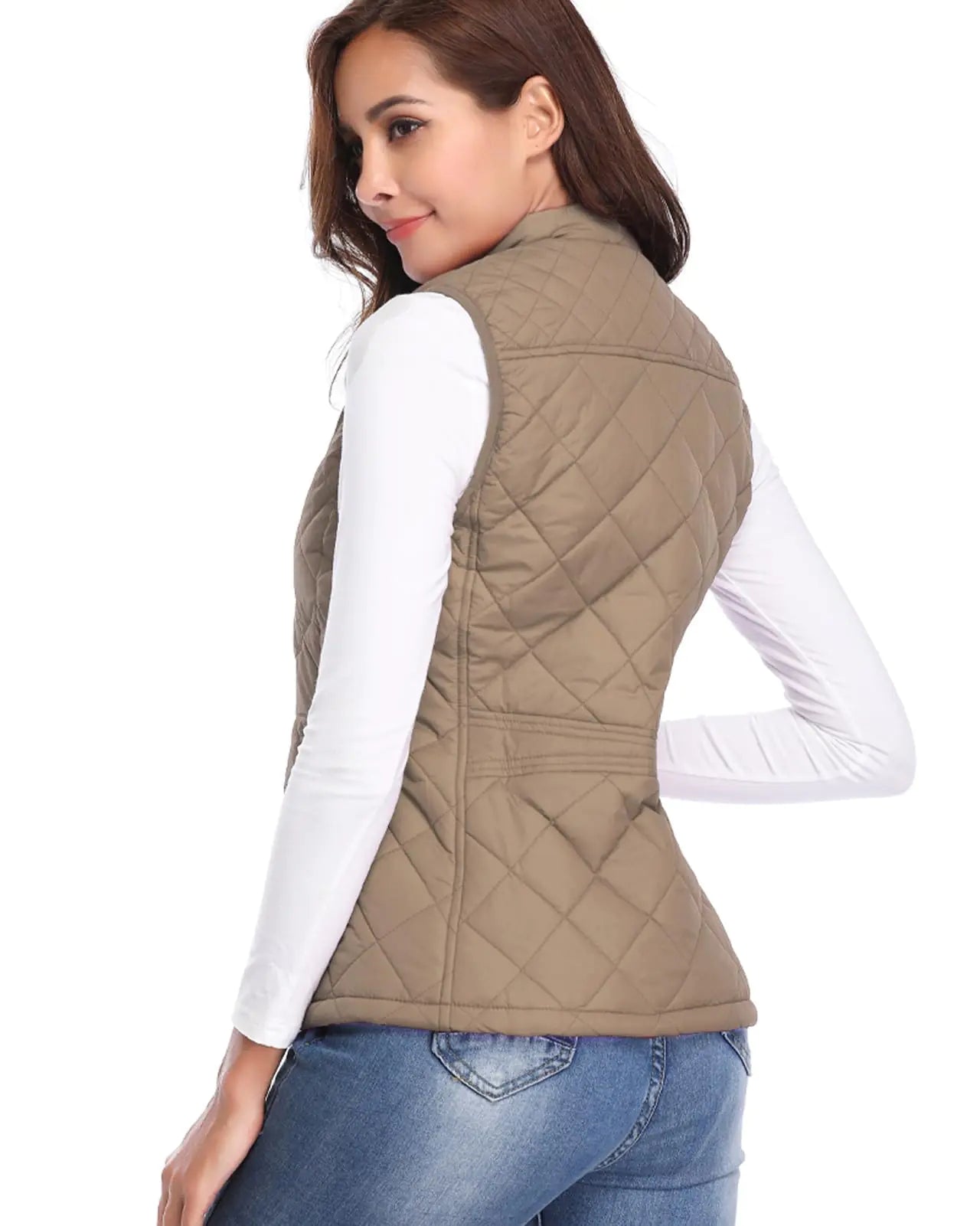 Fuinloth Women's Quilted Vest, Stand Collar Lightweight Zip Padded Gilet Small Khaki - Vivareflex Online