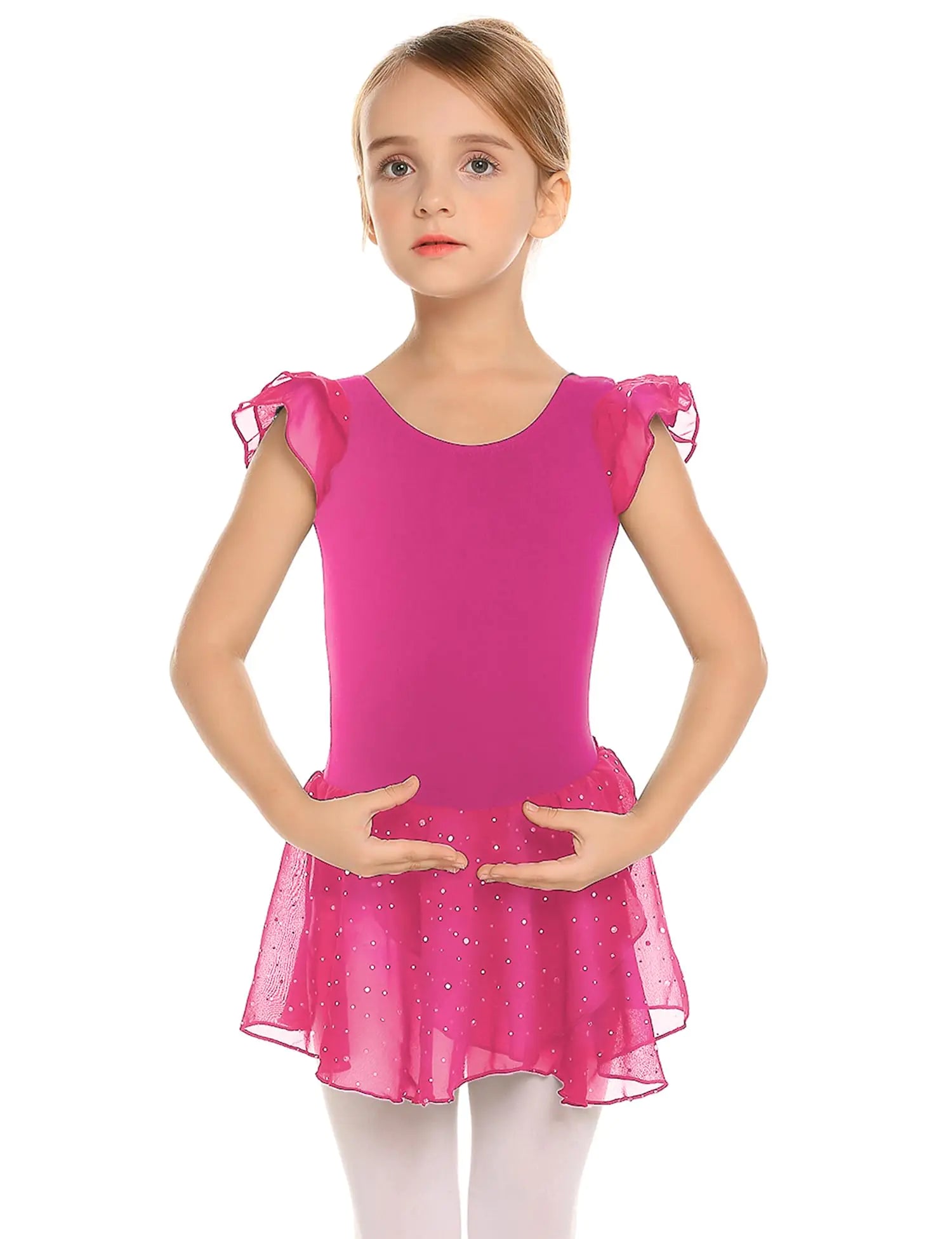 Vestido de ballet con falda y tutú y mangas con volantes de Arshiner para niñas, color rojo rosa, 8 a 9 años