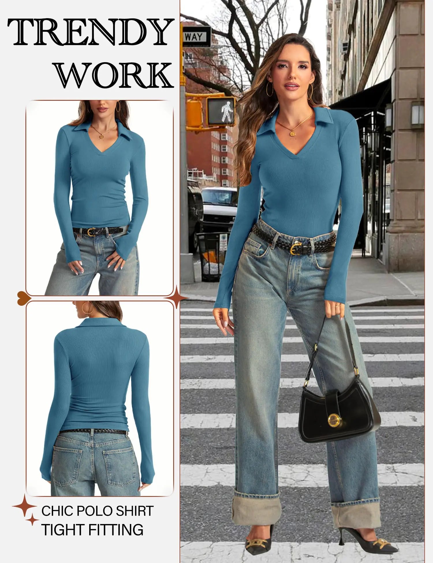 Camisa tipo polo de manga larga con cuello en V para mujer, estilo informal de negocios, con cuello, para el trabajo, ajustada, básica, para otoño de 2024, azul polvoriento, talla pequeña