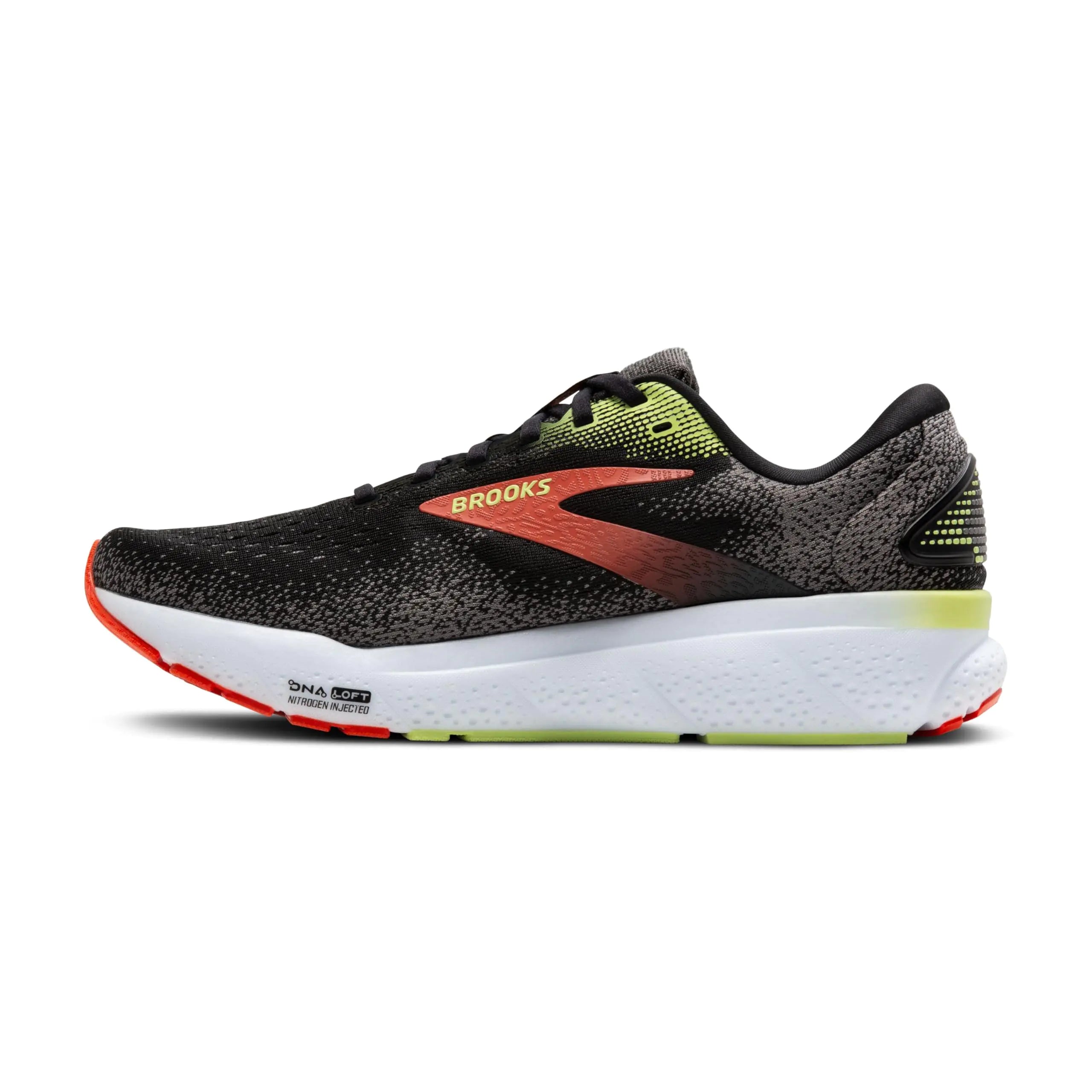 Zapatillas de running neutras Brooks Ghost 16 para hombre, 10,5, negro, rojo mandarín y verde