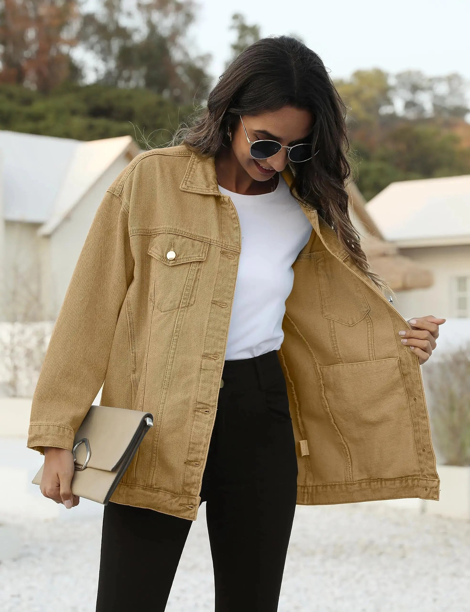 Omoone Women's Oversized Mid Long Denim Jacket Jean Biker Coat Small Khaki Vivareflex Online
