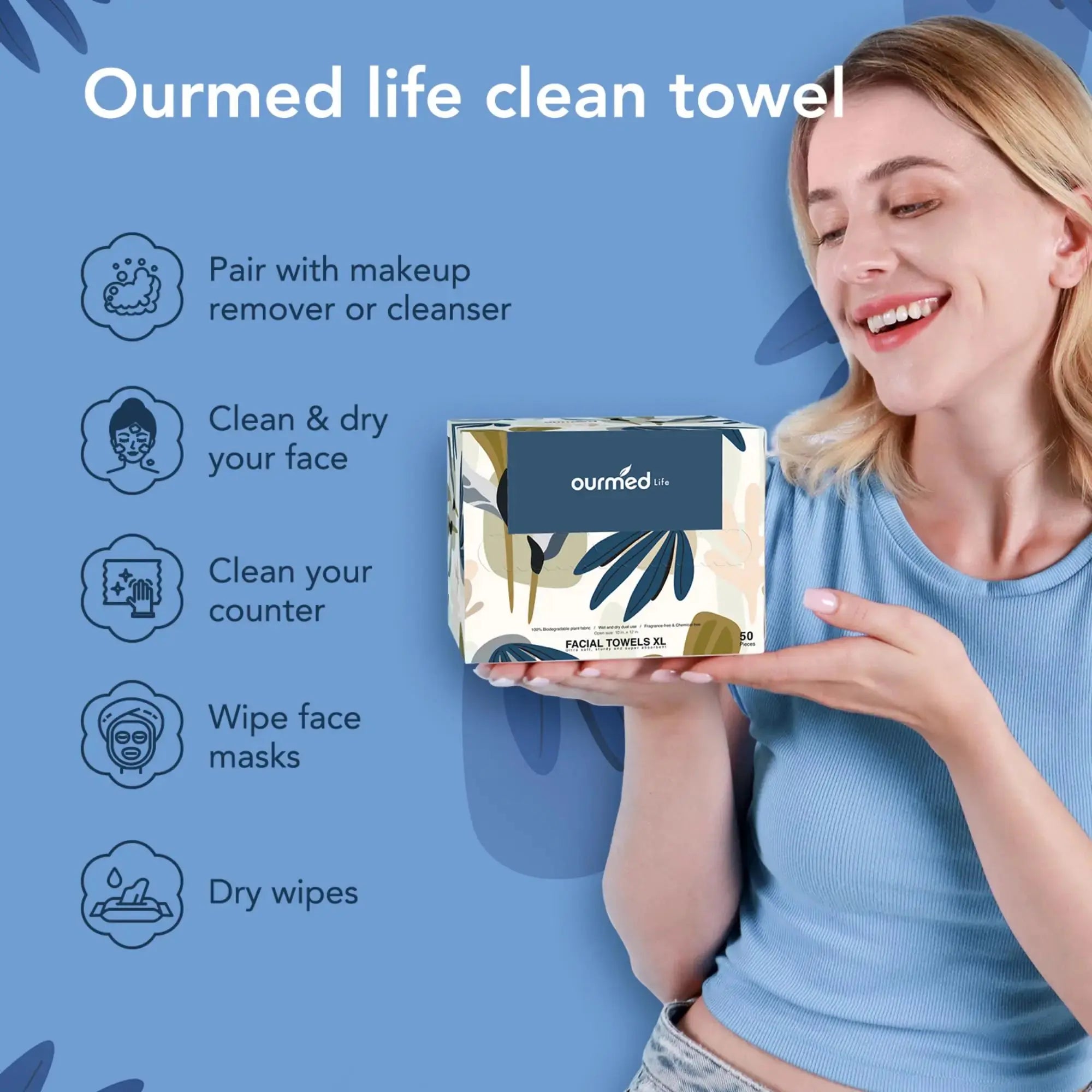 Ourmed Life Disposable Face Towels - 100 Count Lint-Free Biodegradable Makeup Remover Wipes - Vivareflex Online