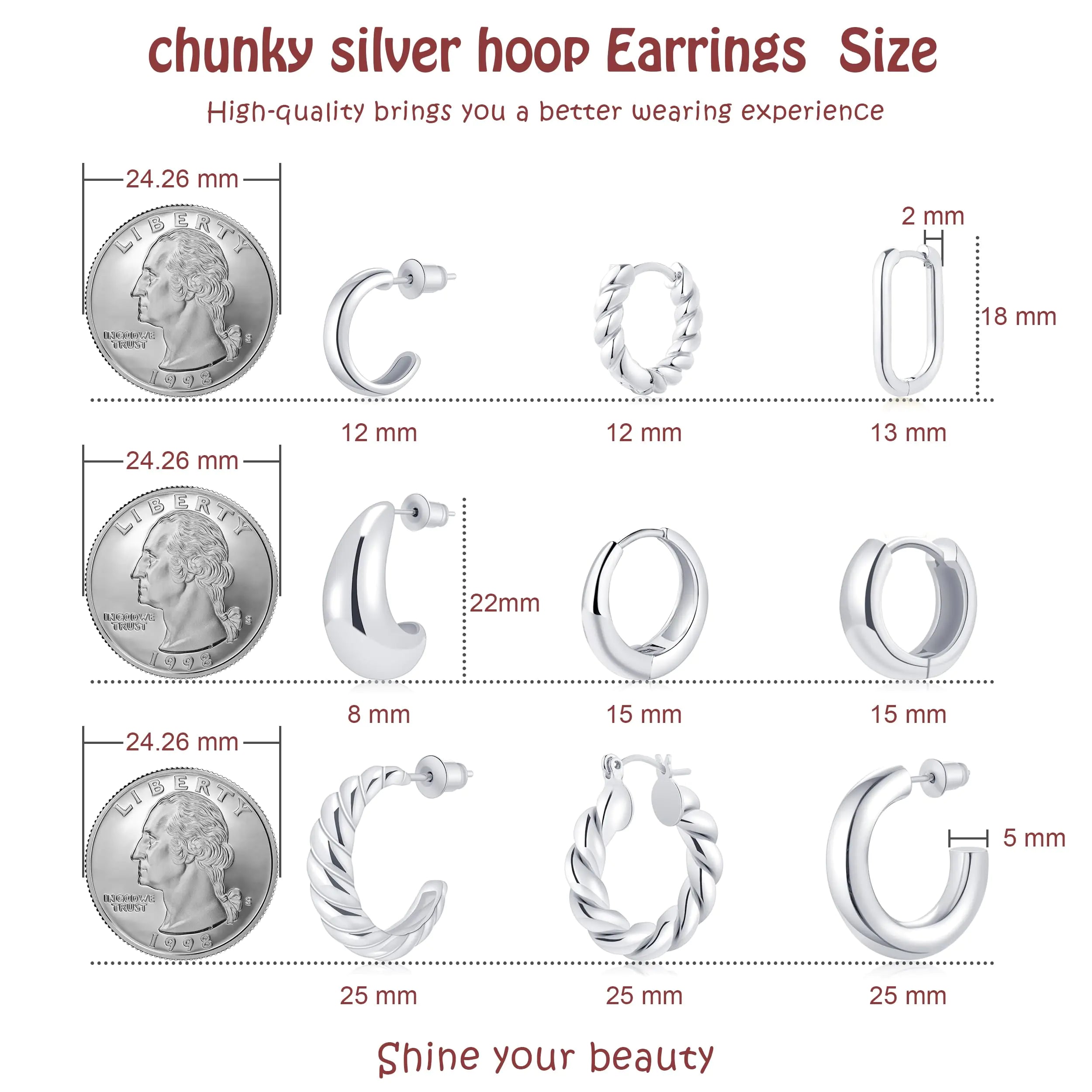 Lot de 9 paires de boucles d'oreilles créoles plaquées or/argent sterling/or rose pour femmes – Créoles épaisses et tendance