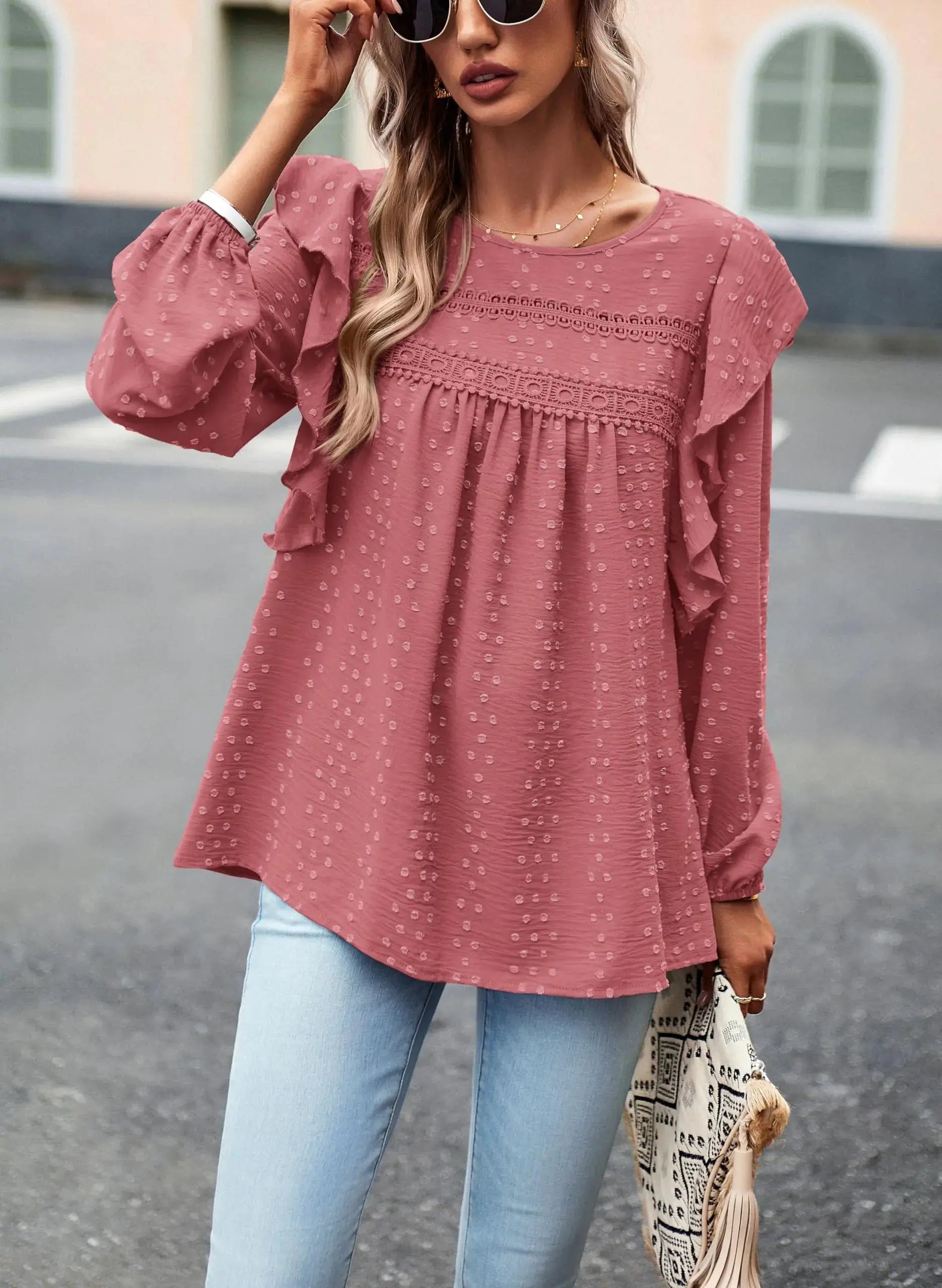 PRETTYGARDEN Women's Long Sleeve Blouses Ruffle Swiss Dot Crochet Loose Fit 2024 Fall Tunic Dressy Casual Tops - XX-Large, Dark Pink - Vivareflex Online