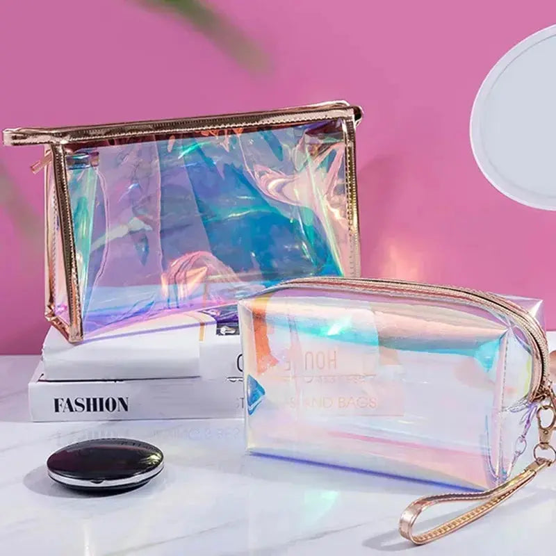PVC Waterproof Transparent Cosmetic Bag Wash Toiletry Makeup Bag Organizer Female Girls Laser Color Zipper Make Up Beauty Case Ultimate Bag Store