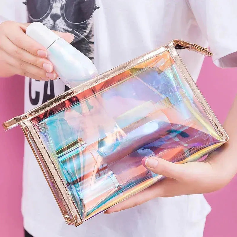 PVC Waterproof Transparent Cosmetic Bag Wash Toiletry Makeup Bag Organizer Female Girls Laser Color Zipper Make Up Beauty Case Ultimate Bag Store