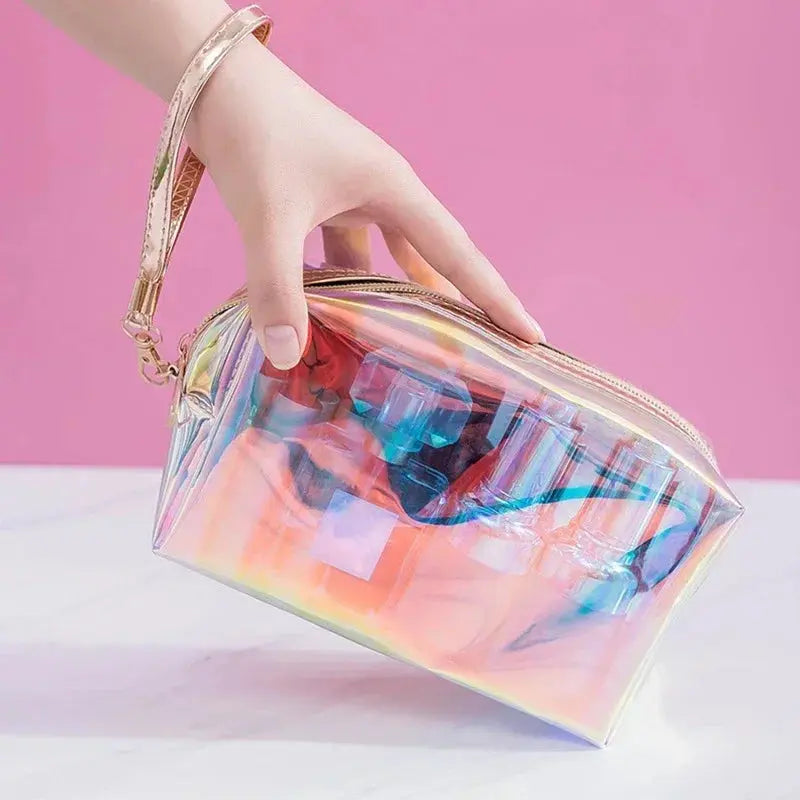PVC Waterproof Transparent Cosmetic Bag Wash Toiletry Makeup Bag Organizer Female Girls Laser Color Zipper Make Up Beauty Case Ultimate Bag Store