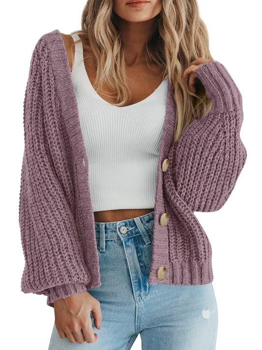 PRETTYGARDEN Pull en tricot épais ouvert sur le devant pour femme, manches longues, boutons, cardigan court ample, vêtements d'extérieur, manteaux, brume d'orchidée moyenne