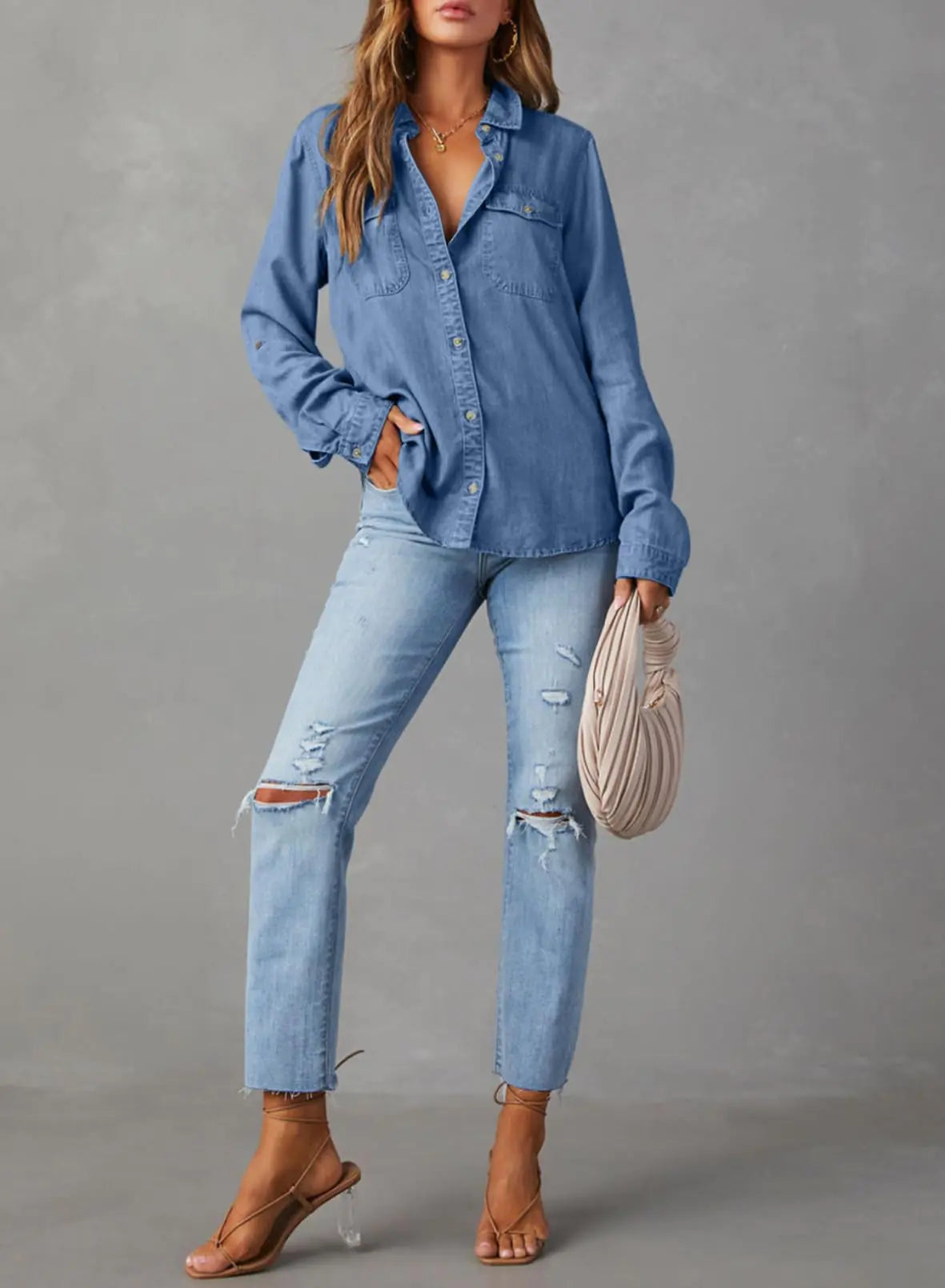 Chemises en jean boutonnées pour femmes Astylish 2024 Chemisier décontracté à manches longues et col en V en chambray Grand bleu ciel