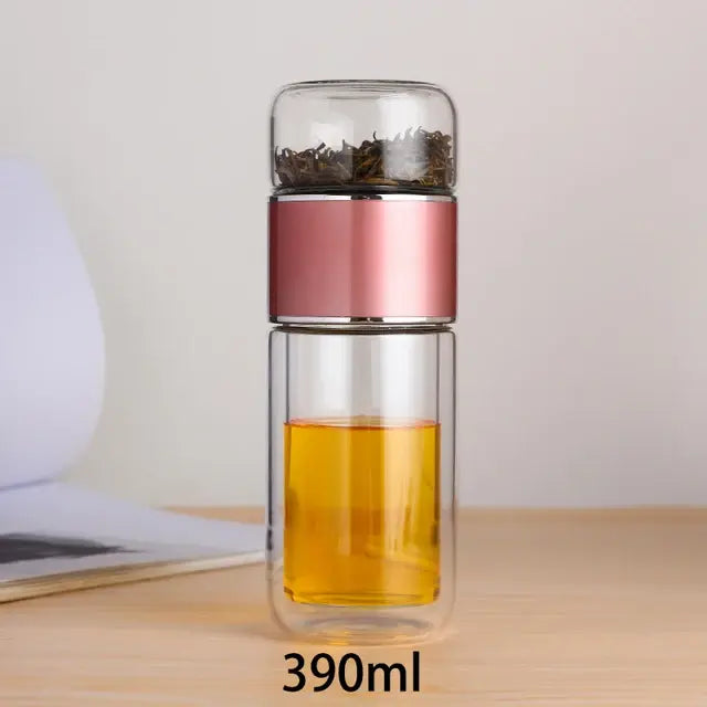 Bouteille à thé en verre borosilicate à double couche de 390 ml avec infuseur à thé