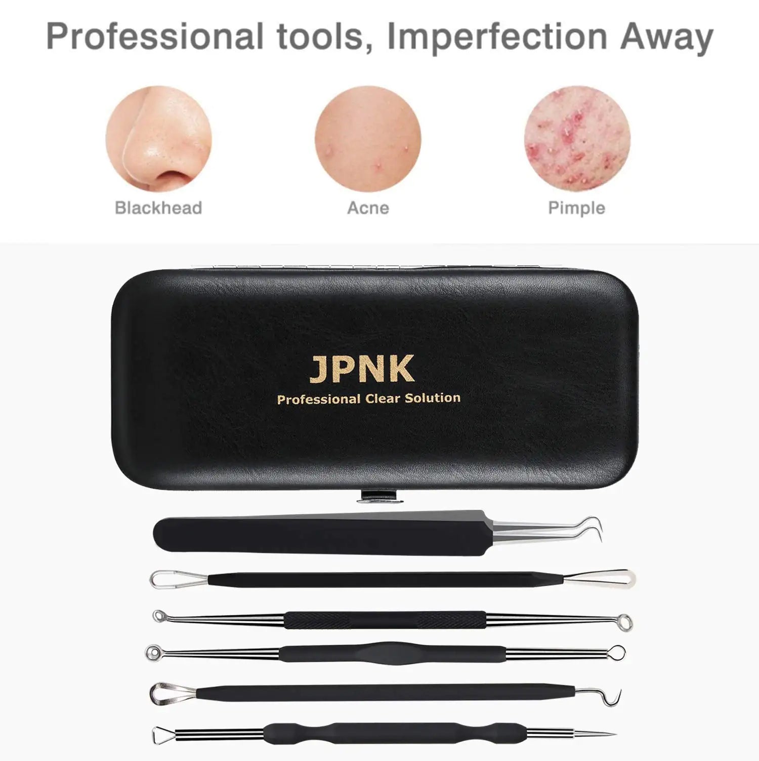 JPNK Outil d'élimination des points noirs Extracteur de comédons Kit d'élimination de l'acné pour les imperfections, l'éclatement des points blancs, 6 pièces d'élimination des boutons pour le nez et le visage Outils avec un sac en cuir (noir) Noir