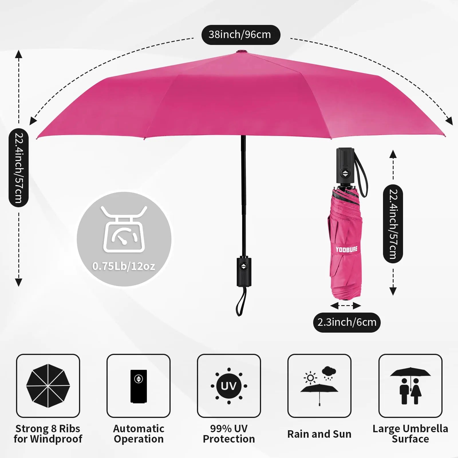 Yoobure Petit Mini Parapluie avec Étui Design Compact Léger Parfait pour Voyager Parasol Portable Léger Parapluies Extérieurs Soleil & Pluie Auto-Rose