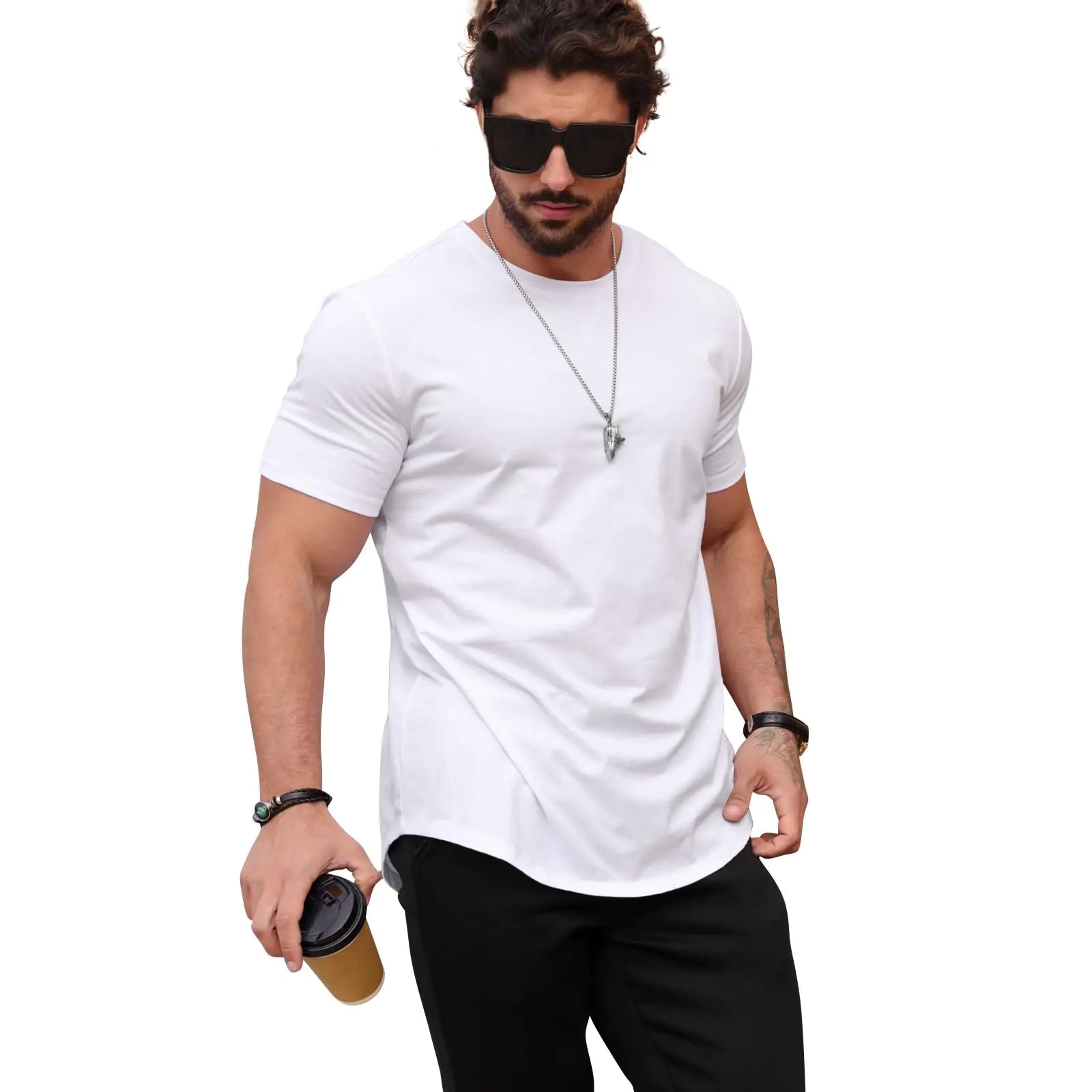 Mens T Shirts Casual Hipster Hip Hop Longline Crewneck Tee Shirts 2-white/White（2pack） 4X-Large