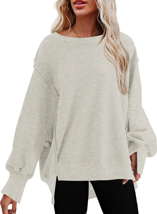 SHEWIN Womens Oversized Reverse Seam Loose Sweatshirt - Casual Long Sleeve Crewneck Lightweight Pullover Top