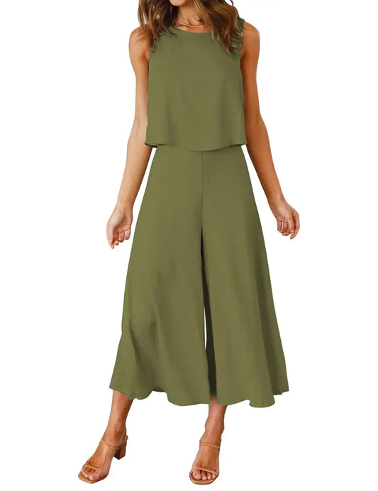 ROYLAMP Women's Summer Two-Piece Olive Green Crop Top and Wide-Leg Pants Set - Vivareflex Online