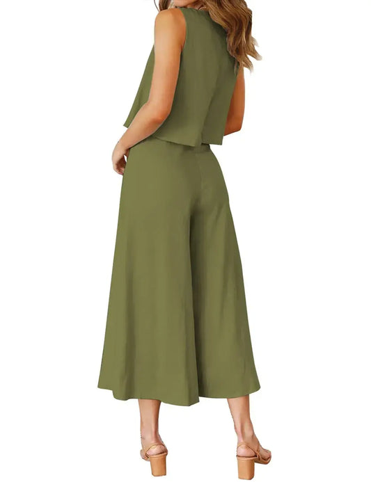 ROYLAMP Women's Summer Two-Piece Olive Green Crop Top and Wide-Leg Pants Set - Vivareflex Online
