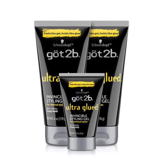 Gel coiffant Got2B Ultra Glued Invincible 2 tubes de 6 oz + 1 tube de voyage de 1,25 oz Gel coiffant + Voyage 1 Fl Oz (Pack de 1)