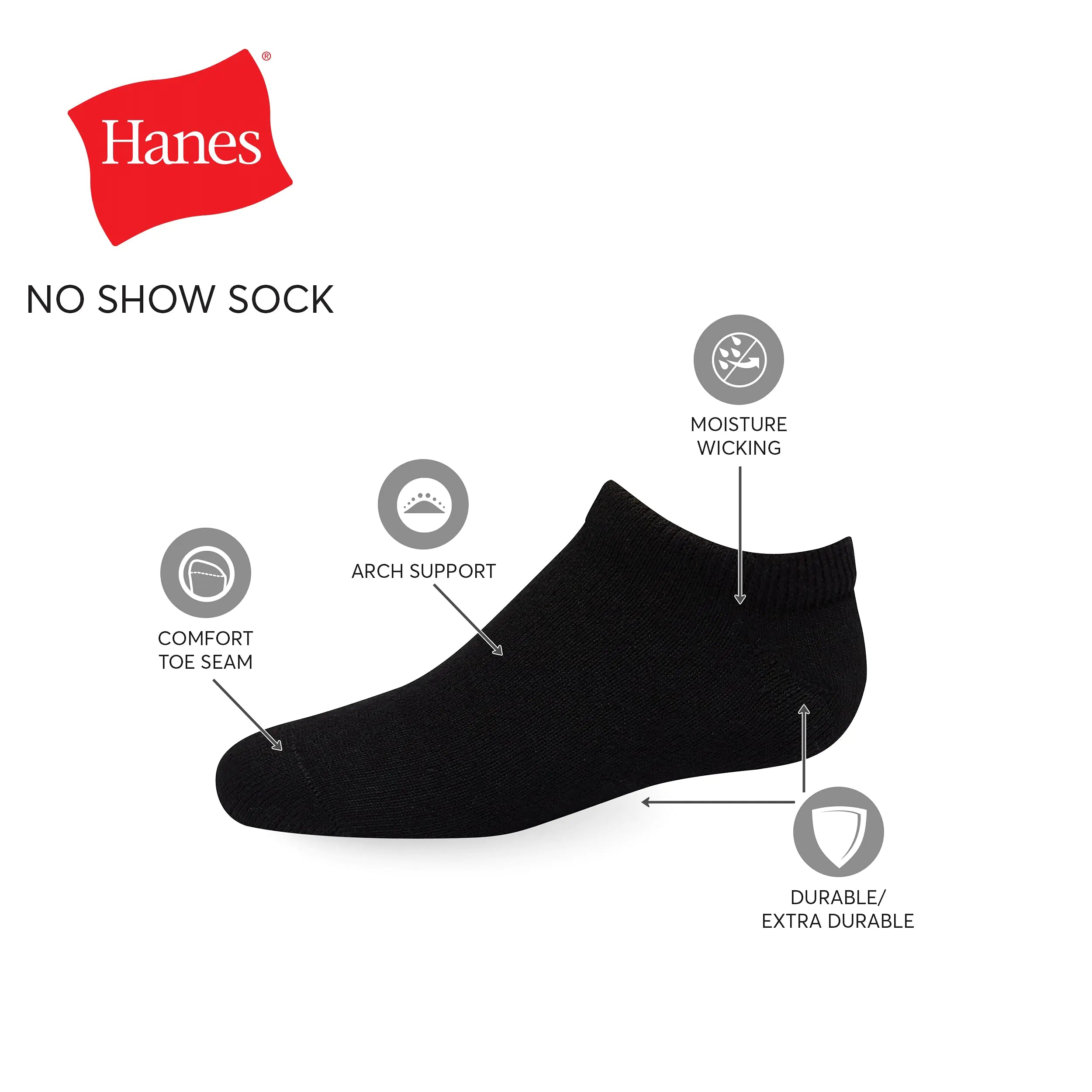 Hanes Boys' Socks, Double Tough Cushioned Ankle and No Show, 12-Pair Packs Large No Show - Black - 12 Pack - Vivareflex Online