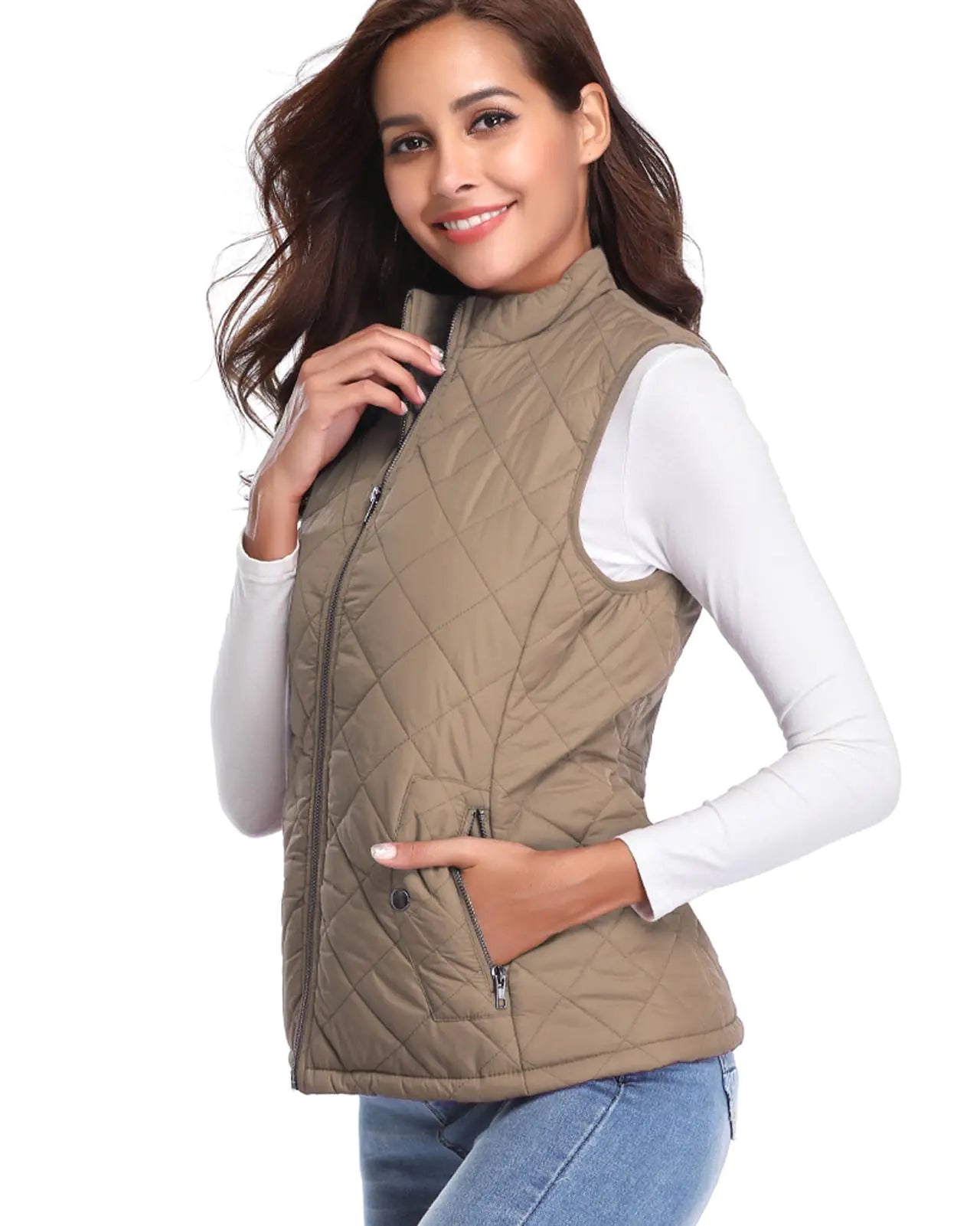 Fuinloth Women's Quilted Vest, Stand Collar Lightweight Zip Padded Gilet Small Khaki - Vivareflex Online