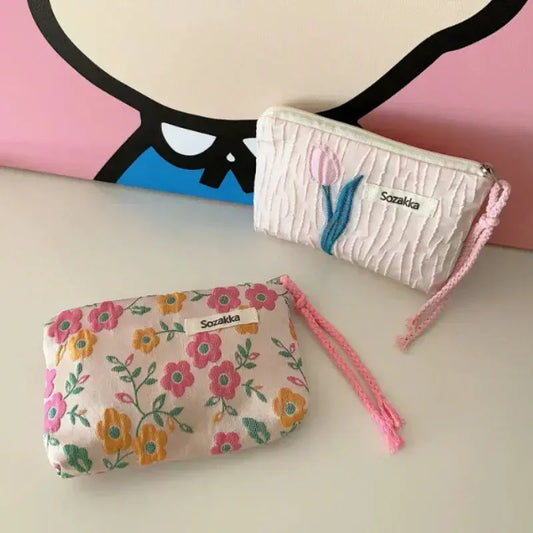 Red Green Floral Cute Women Wallet Mini Clutch Purse Coin Purse Cotton Bag Fresh Cute Card Bag Sanitary Napkins Bag Earphone Bag Ultimate Bag Store