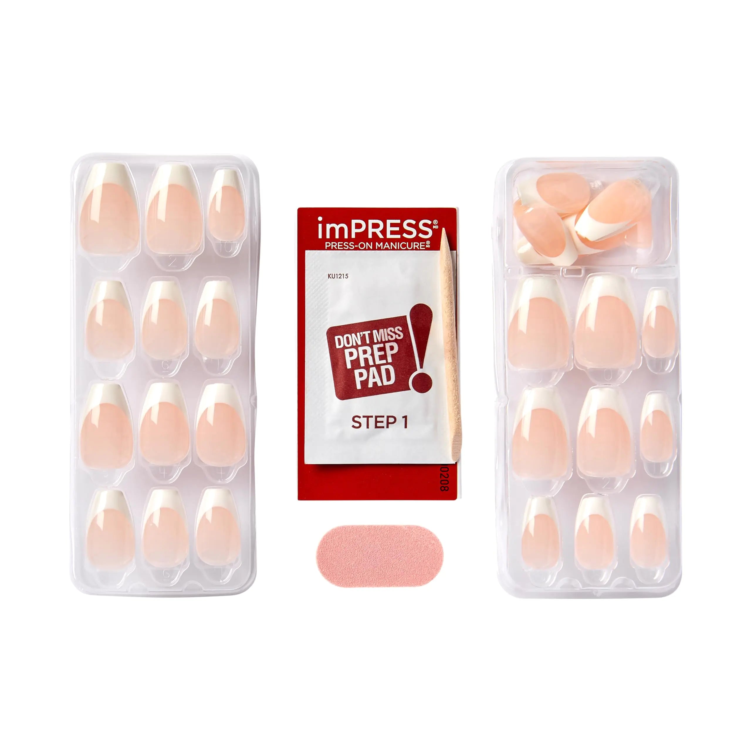 KISS imPRESS No Glue Mani Press-On Nails, French, 'Ideal', Light Neutral + White Tip French, Medium Size, Coffin Shape, Includes 30 Nails, Prep Pad, Instructions Sheet, 1 Manicure Stick, 1 Mini File Ideal