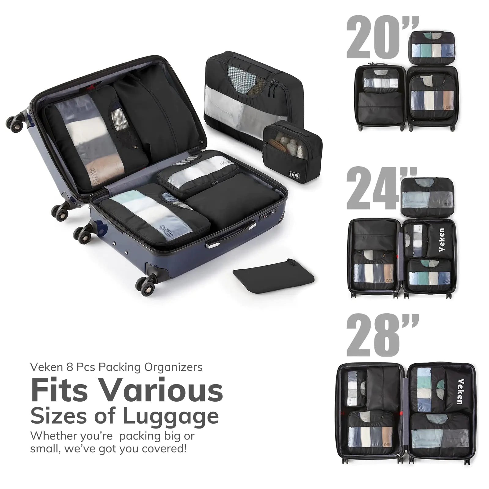 Veken 8-Piece Packing Cubes Set – Travel Bag Organizers for Suitcases & Carry-On Luggage - Vivareflex Online